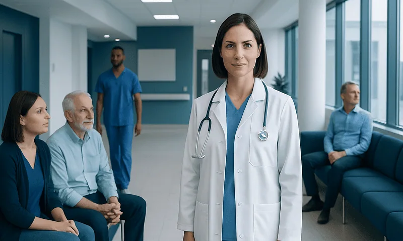 Healthcare professionals and patients in a modern hospital corridor.