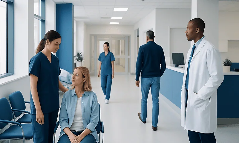 Hospital staff and patient in a modern healthcare facility.