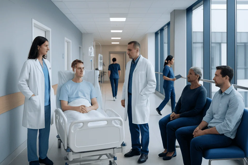 Ventriculostomy: A Complete Medical Overview 1 Hospital corridor with medical staff and patients in a healthcare setting.