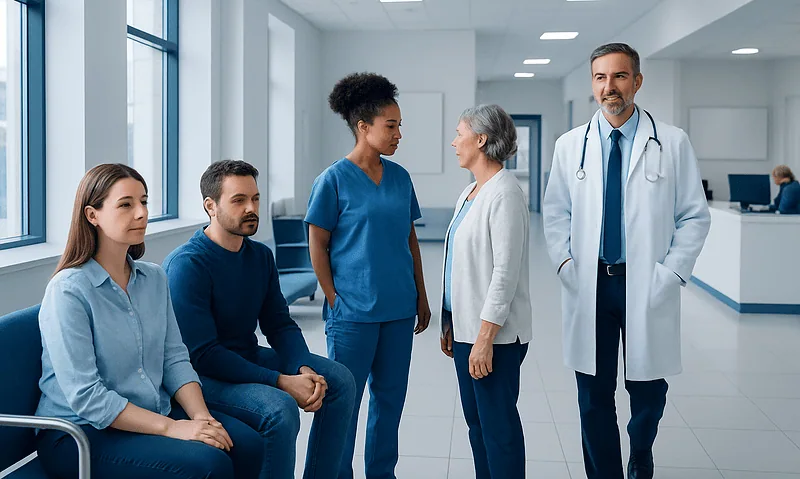 Medical consultation with healthcare professionals and patients in a hospital setting.