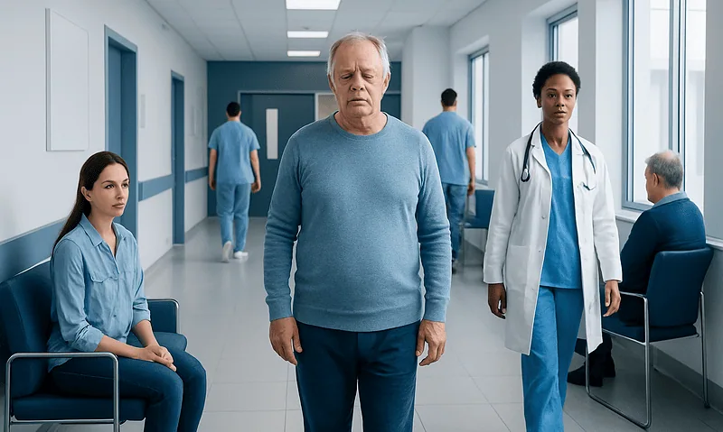 Patient experiencing vibration sensation in a hospital corridor with medical staff nearby.