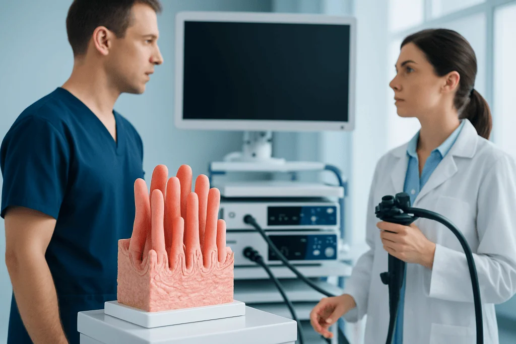 Medical professionals examining a gastrointestinal model in a hospital setting.