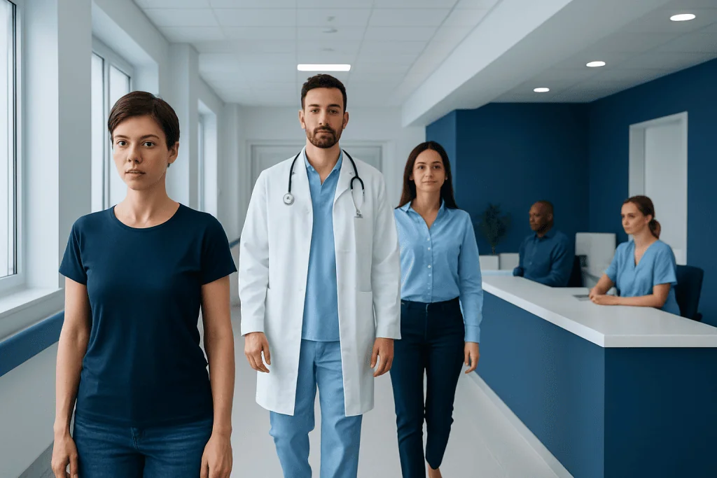 Virilization — Explained by Medical Evidence, Not Myths 1 Medical team in hospital corridor with patients at reception desk.