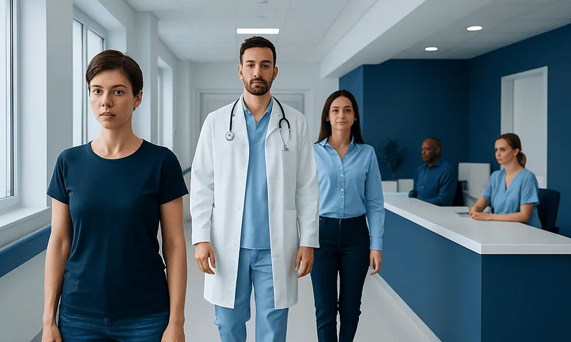 Medical team in hospital corridor with patients at reception desk.