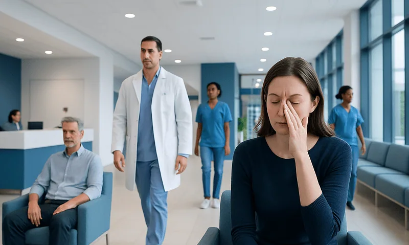 Patient experiencing eye discomfort in a hospital waiting area.