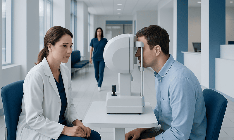 Patient undergoing visual field test at a modern eye care clinic.