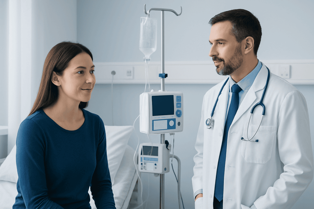 Doctor consulting patient in hospital room with medical equipment.