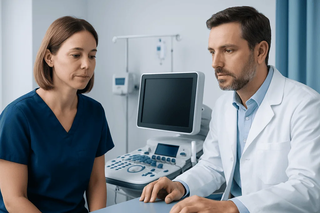 Doctor consulting with a female patient in a hospital room.