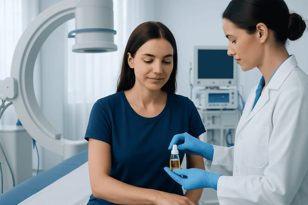 Medical professional showing a patient a small bottle in a clinical setting.