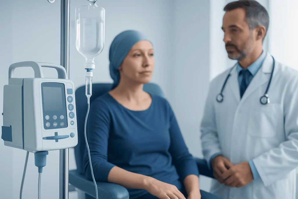 Patient receiving chemotherapy treatment in hospital.