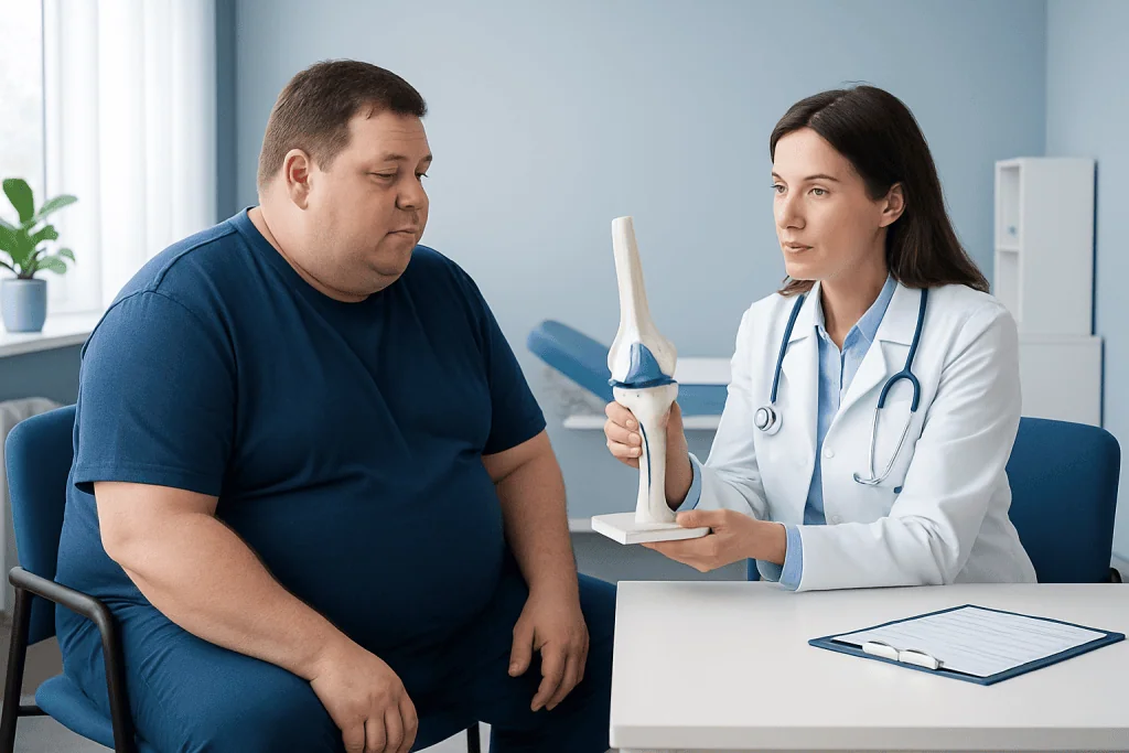 Doctor explaining knee joint model to patient in consultation room.