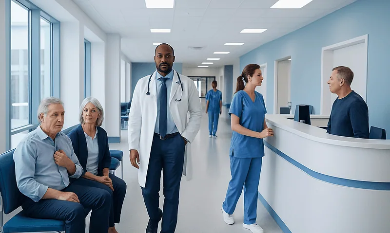 Healthcare professionals and patients in a hospital reception area.