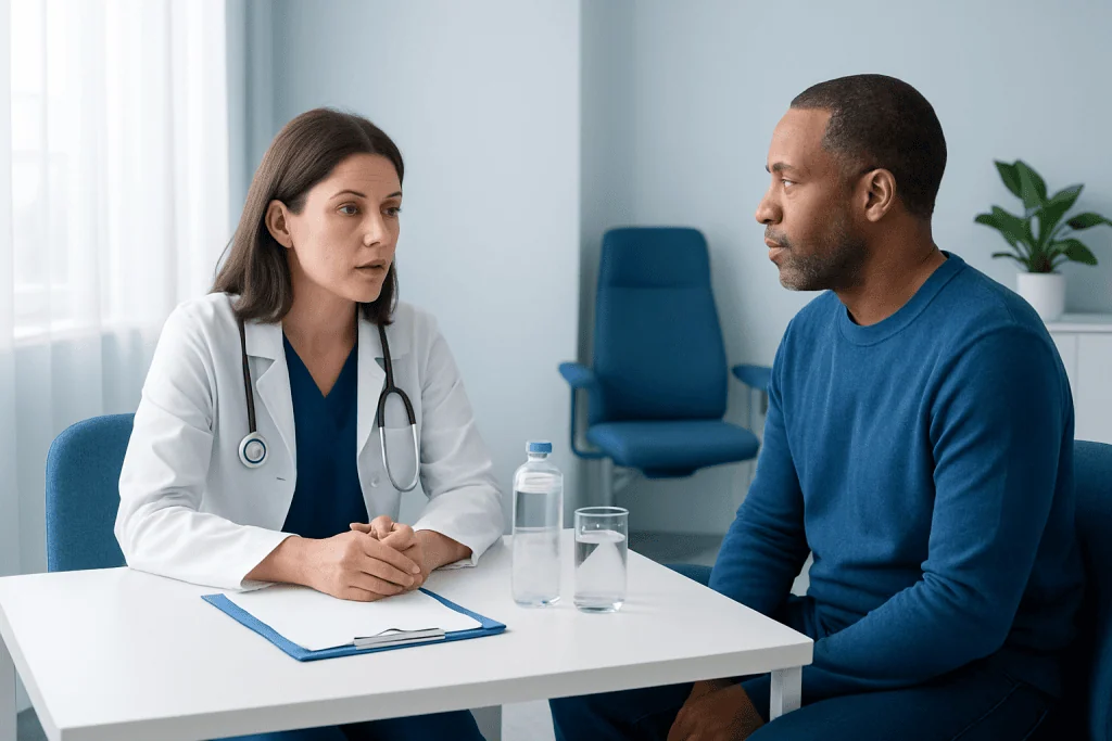Doctor consulting patient about pre-procedure instructions in a clinic.