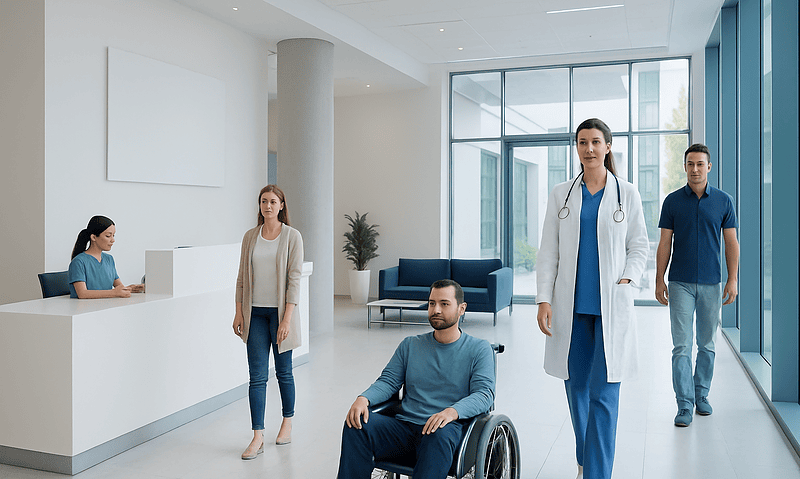 Patients and medical staff in a modern hospital lobby in Turkey.