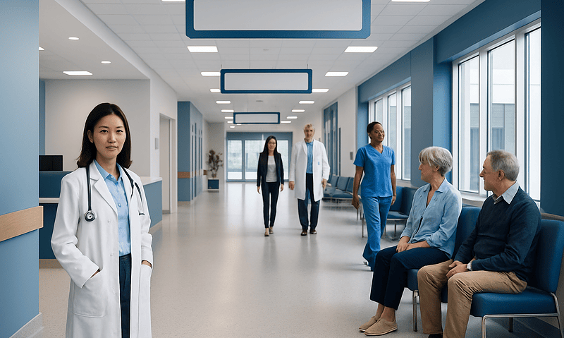 Modern hospital corridor with medical staff and patients in a healthcare setting.