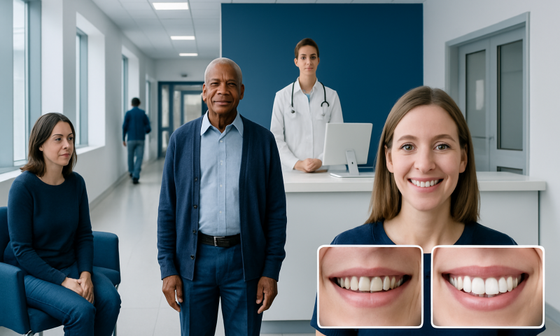Patient with new zirconia crowns smiling in dental clinic.