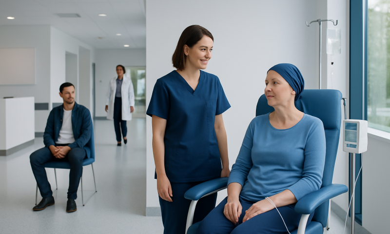Oncologist consulting with a patient undergoing chemotherapy at Acibadem Hospital.