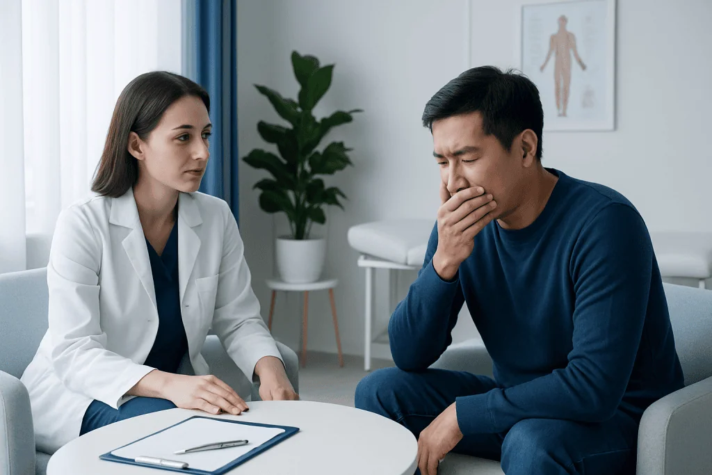 Patient discussing symptoms with doctor in a consultation room.