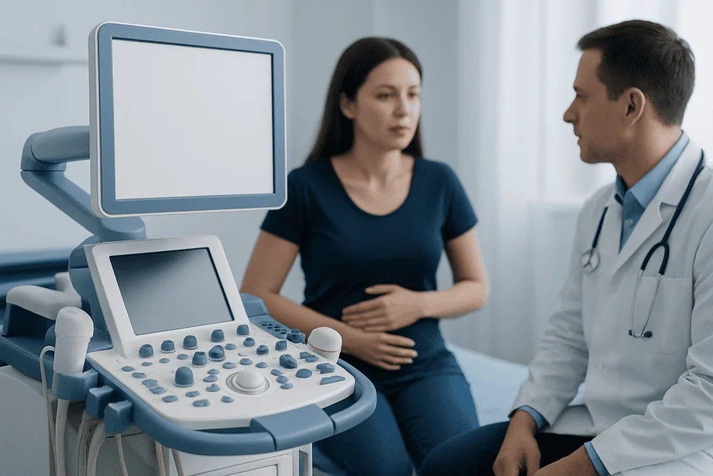 Doctor consulting a patient with ultrasound equipment in a clinic.
