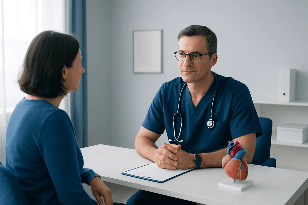 Cardiothoracic surgeon consulting a patient in a medical office.