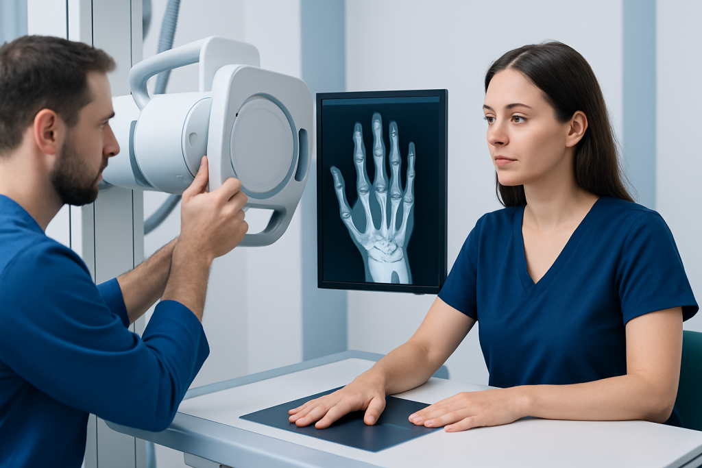Doctor examining hand X-ray in a medical clinic setting.