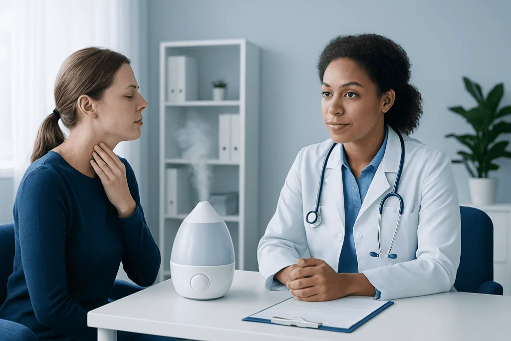 Doctor consulting with patient about humidifier benefits for voice health.