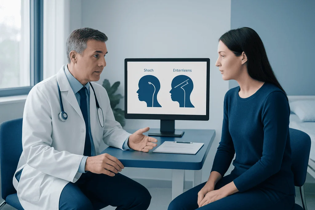 Doctor explaining brain conditions to a patient in a consultation room.