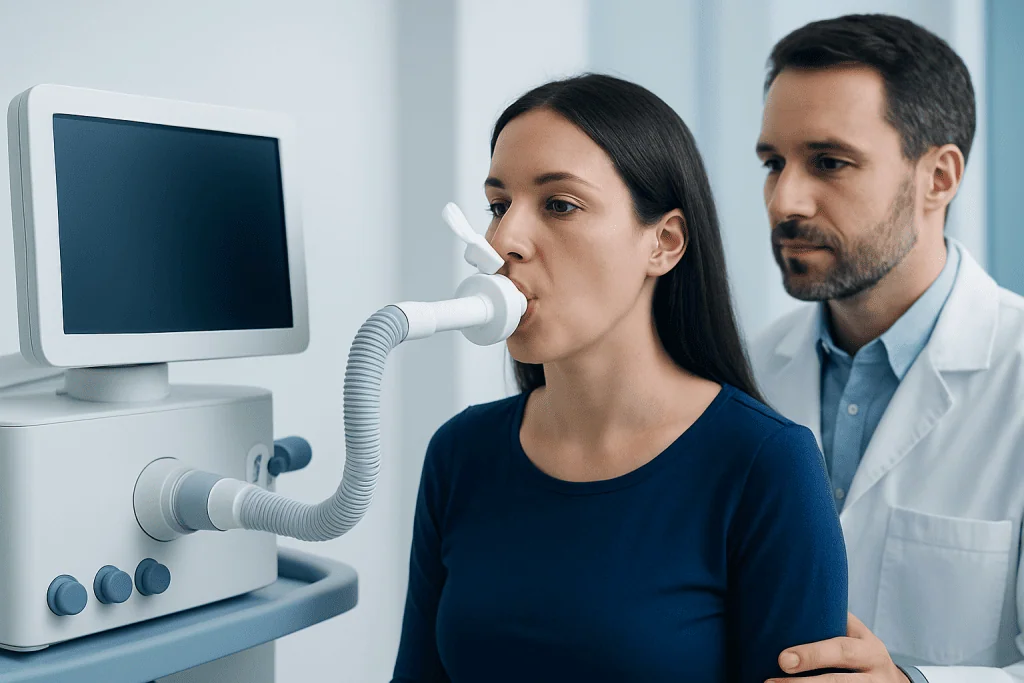 Patient undergoing spirometry test at Acibadem Hospital for respiratory assessment.