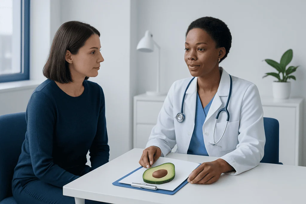 Doctor explaining avocado health benefits to patient in consultation room.