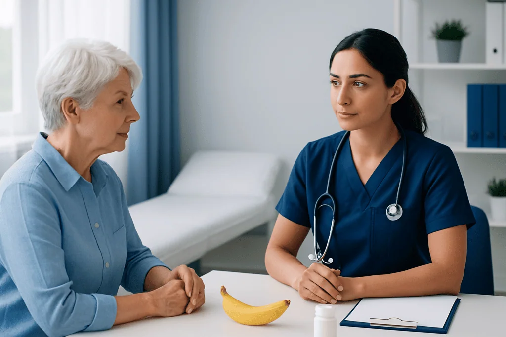 Doctor consulting elderly patient in a medical office with a banana on the table.