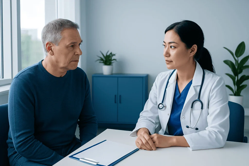 Doctor consulting with a male patient in a medical office.