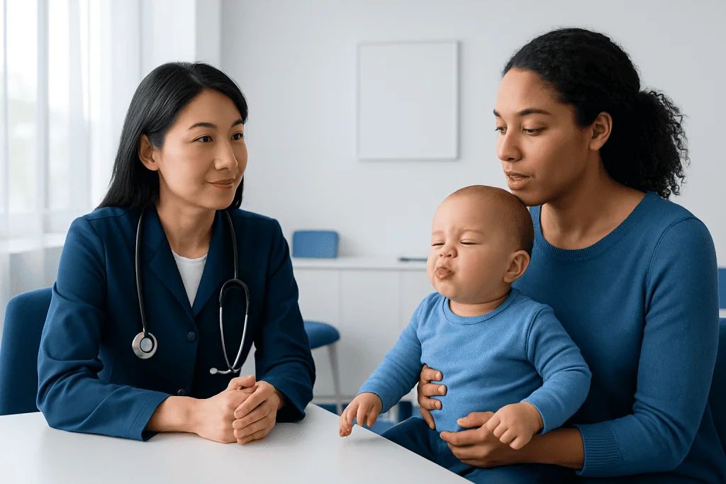 Pediatric consultation with a doctor and mother at a hospital.