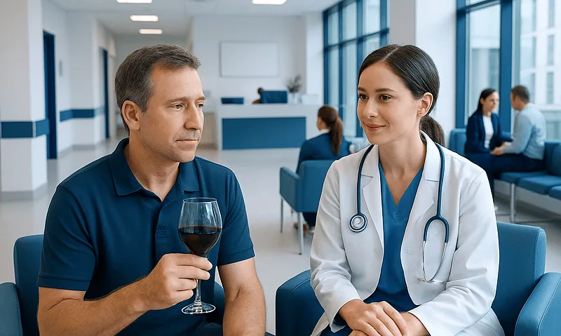 Patient holding glass of red wine during consultation with doctor in clinic.