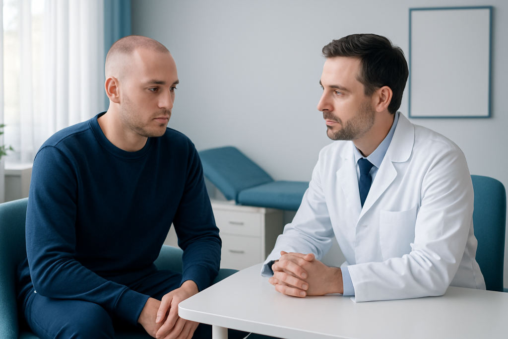 Doctor consulting with patient about hair transplant recovery and sleep positions.
