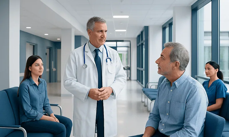 Doctor consulting with male patient in hospital corridor.