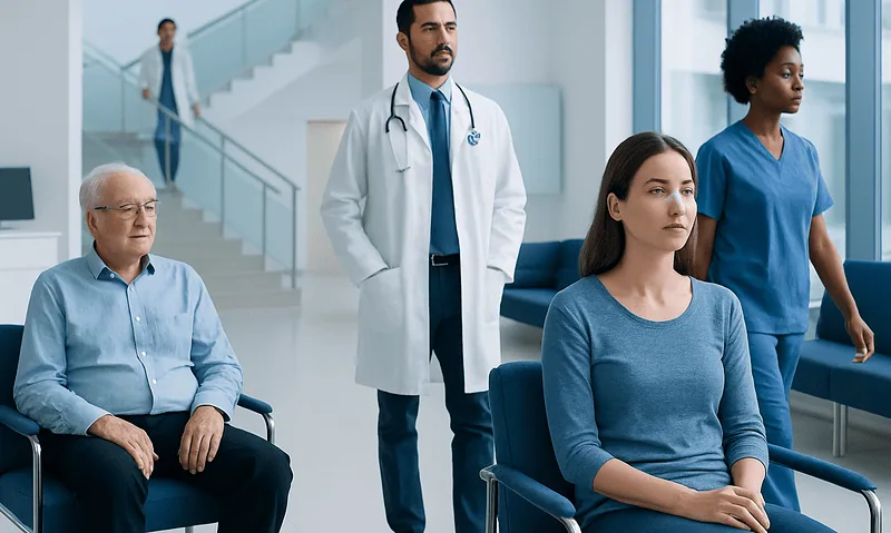 Patients in a hospital waiting area with medical staff present.