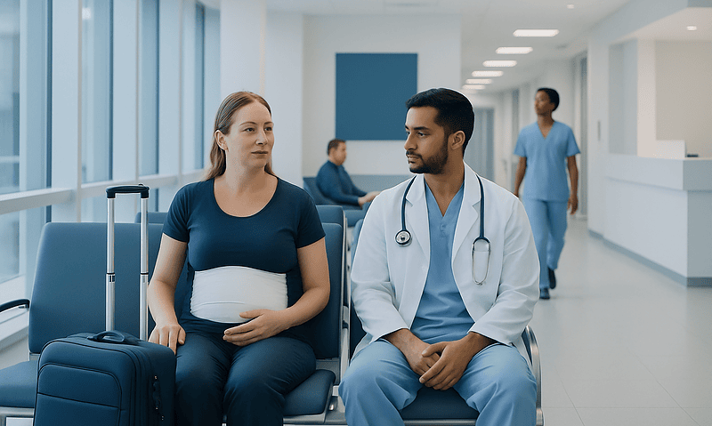 Patient and doctor waiting in hospital corridor after surgery.