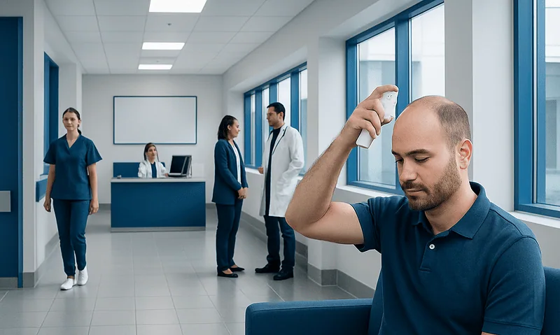 Man with bald head in hospital corridor, holding his head, with medical staff nearby.