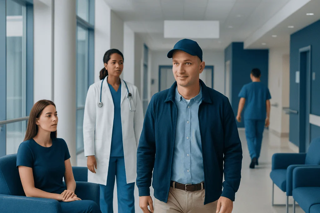 When Can You Wear a Hat After a Hair Transplant? 1 Hospital corridor with patients and medical staff after hair transplant.