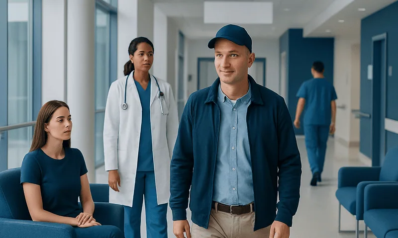 Hospital corridor with patients and medical staff after hair transplant.