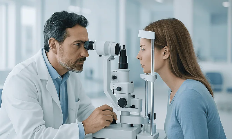Optometrist examines patient's eyes with slit lamp in clinic setting.