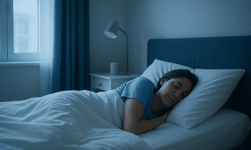 Young woman sleeping peacefully in a modern bedroom at night.