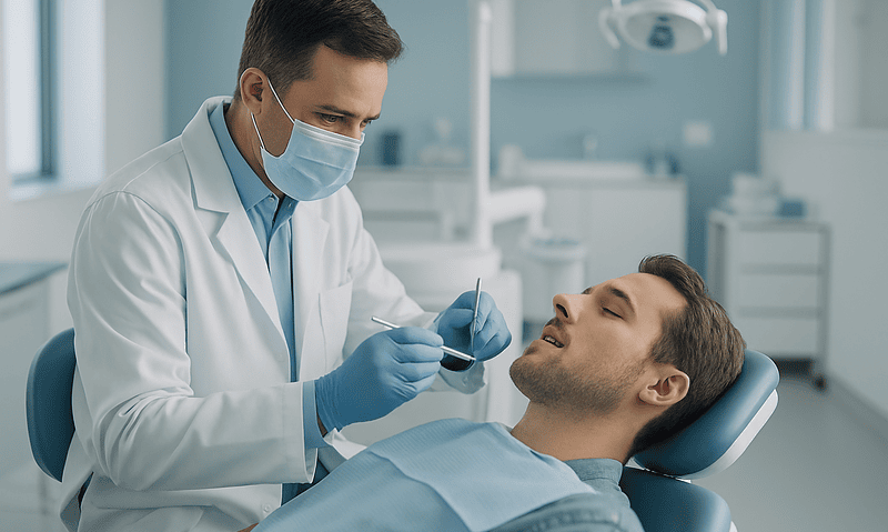 Dentist examining patient's mouth in a modern dental clinic.