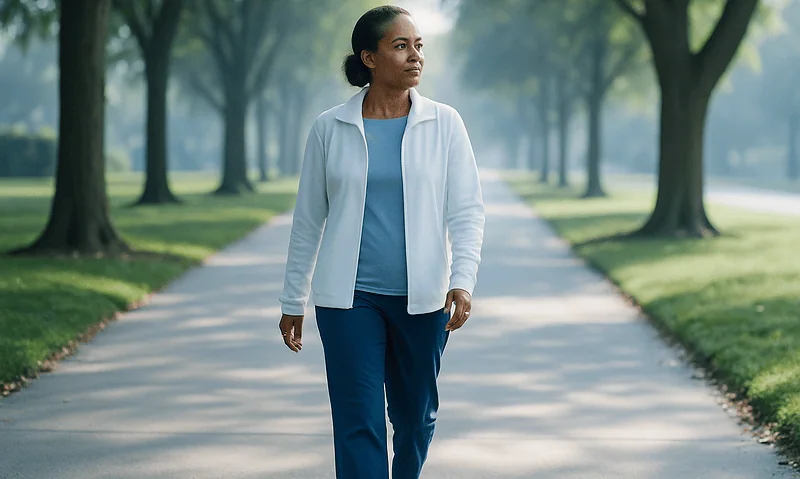 Woman walking in a park on a clear day with trees lining the path.