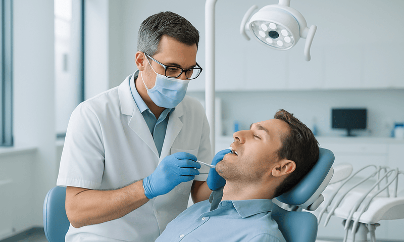 Dentist examining a patient's teeth in a modern dental clinic.