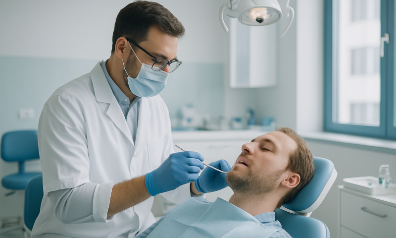 Dentist examining patient's mouth in a modern dental clinic.