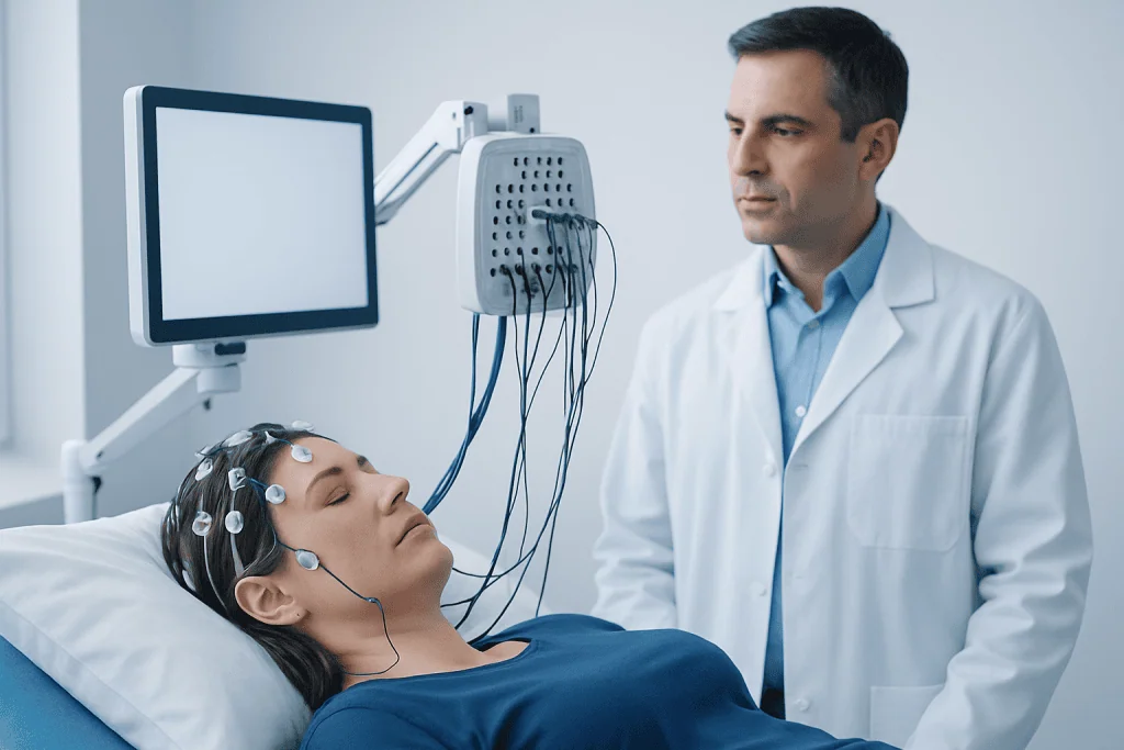 Patient undergoing neurological testing with medical professional monitoring.