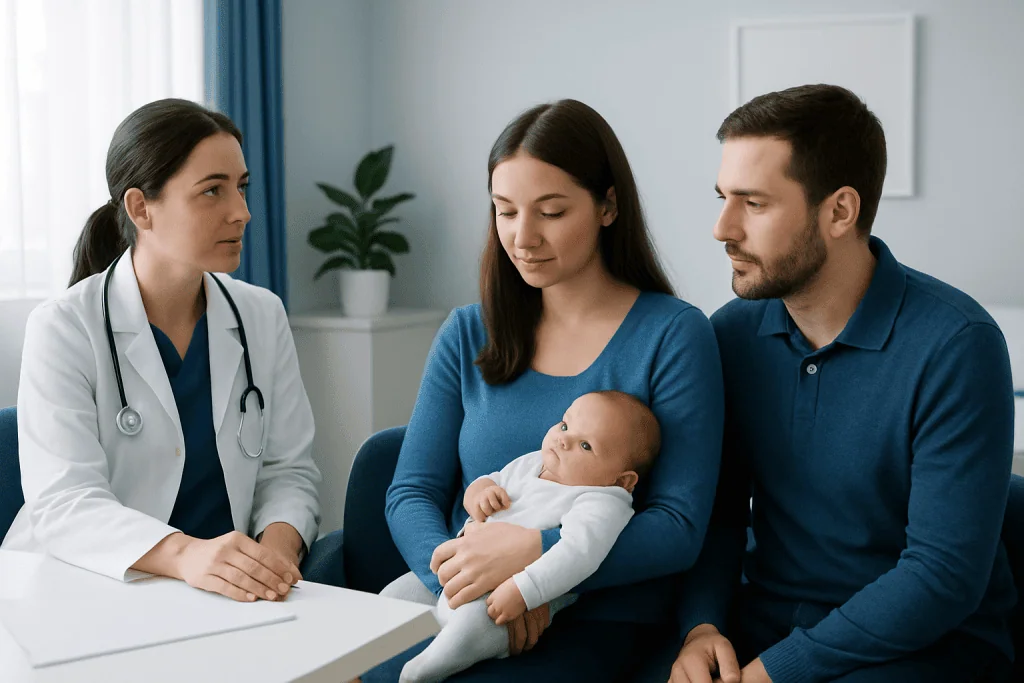 Doctor consulting new parents with baby in hospital setting.