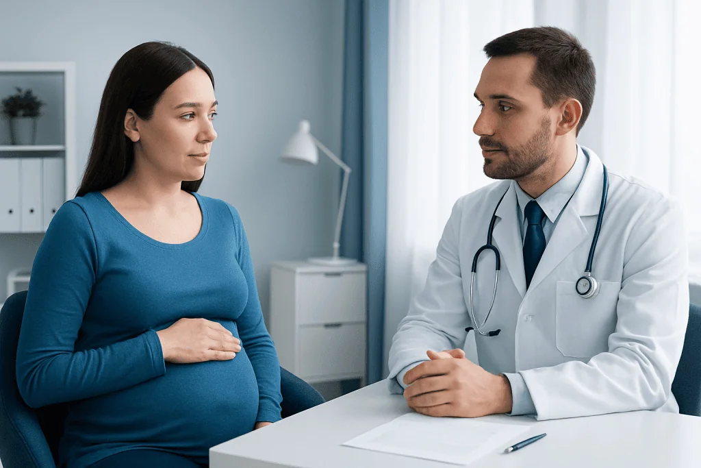 Doctor consulting pregnant woman in a medical office.
