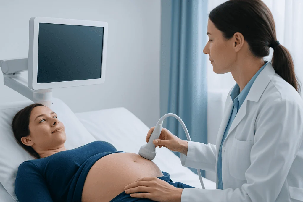 Doctor performing an ultrasound on pregnant woman in hospital bed.